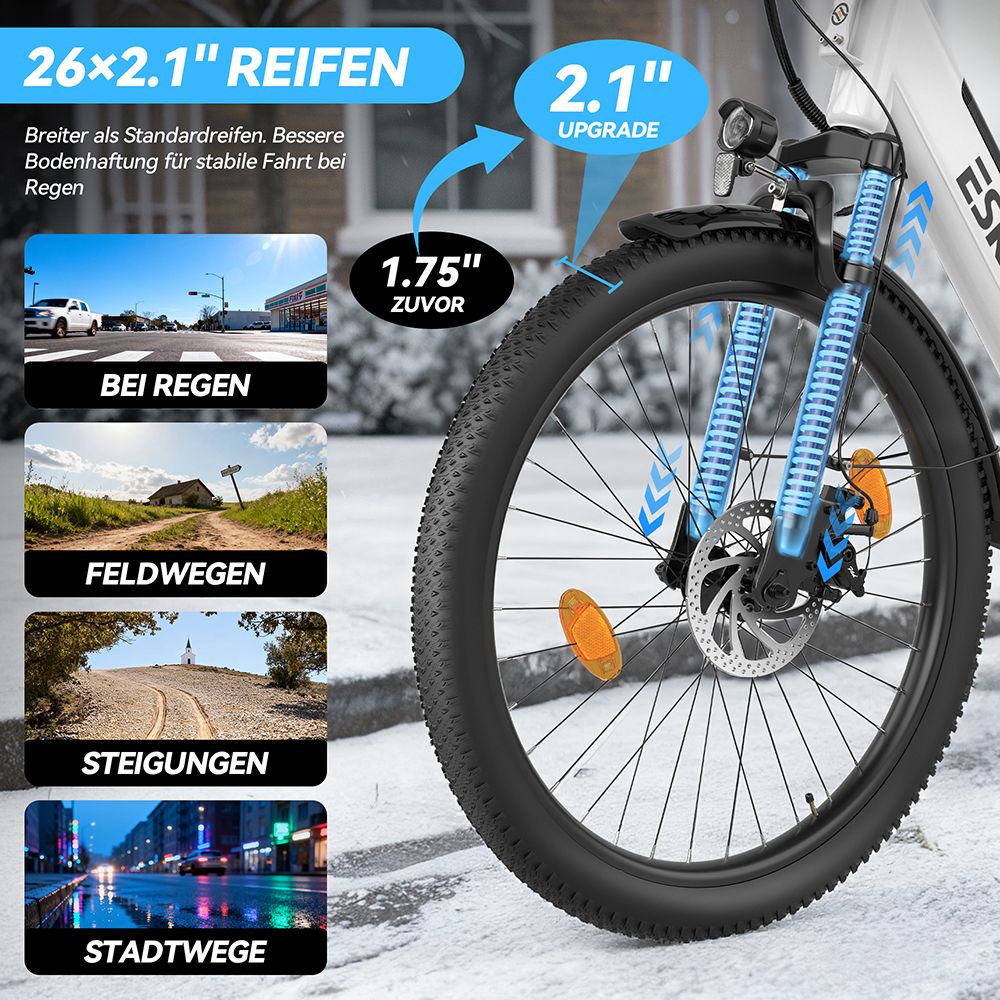 ESKUTE C100 Plus Elektrofahrrad, 250W Motor, 36V 13Ah Batterie, 26 Zoll Reifen, 25 km/h Höchstgeschwindigkeit, 100 km Reichweite, Shimano 7-Gang, LCD-Display - Weiß