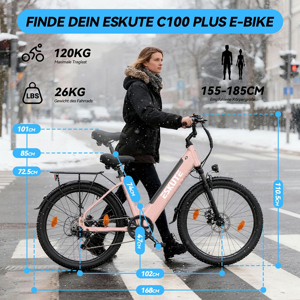 ESKUTE C100 Plus Elektrofahrrad, 250W Motor, 36V 13Ah Batterie, 26 Zoll Reifen, 25 km/h Höchstgeschwindigkeit, 100 km Reichweite, Shimano 7-Gang, LCD-Display – Pink