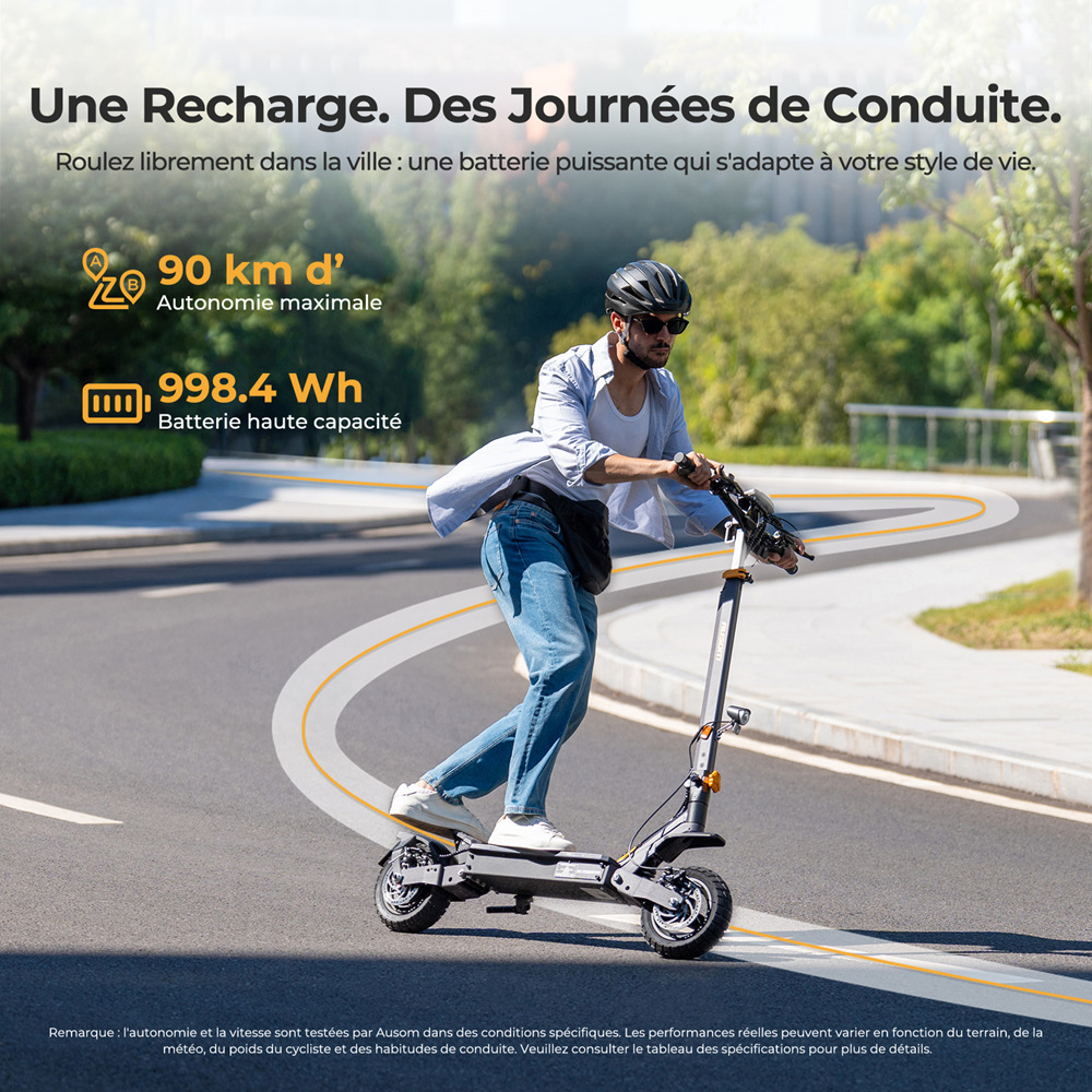 Ausom L1 (version ABE) Trottinette &eacute;lectrique, moteur 500 W, batterie 48 V 20,8 Ah, pneus 10 pouces, vitesse maximale 20 km/h, autonomie 90 km, freins &agrave; disque avant et arri&egrave;re, suspension &agrave; bras oscillant, d&eacute;verrouillage NFC et par code.