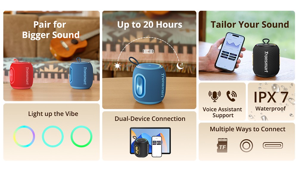Tronsmart T8 Mini Portable Outdoor Speaker, 16W Output, Up to 20H of Battery Life, IPX7 Waterproof - Blue