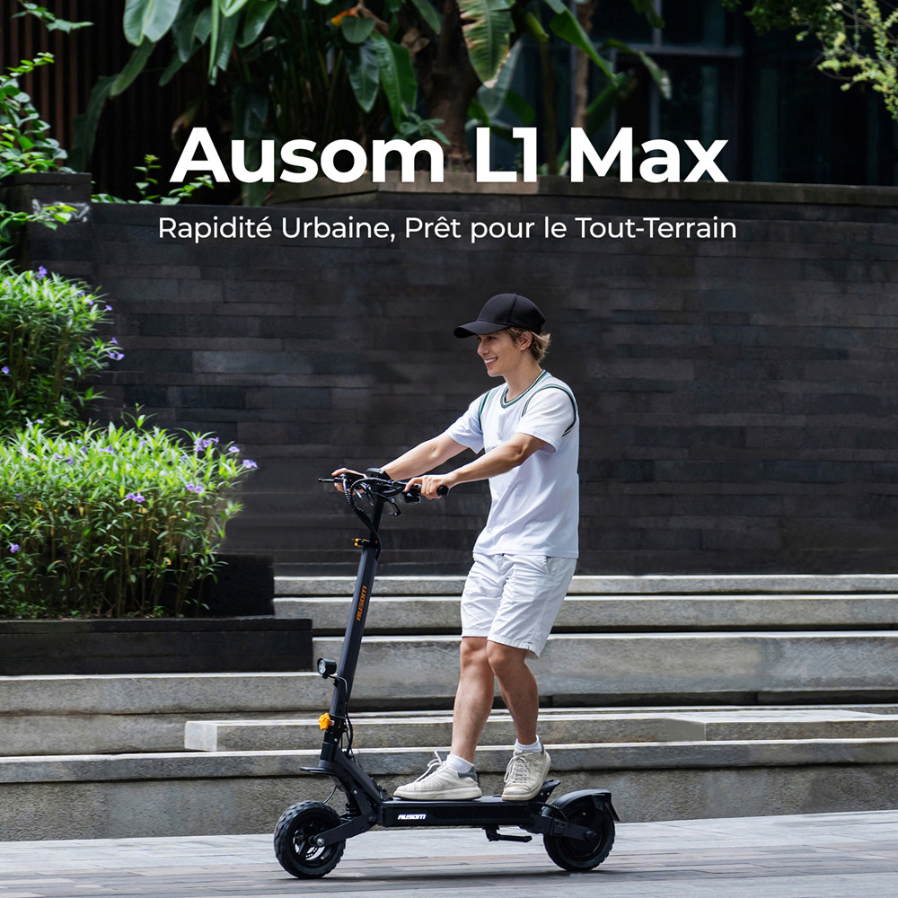 Ausom L1 Max Trottinette &eacute;lectrique, moteur 1000 W, batterie 48 V 20,8 Ah, pneus 10 pouces, vitesse maximale 50 km/h, autonomie 90 km, double frein &agrave; disque, suspension &agrave; ressort &agrave; bras oscillant, d&eacute;verrouillage NFC et par code