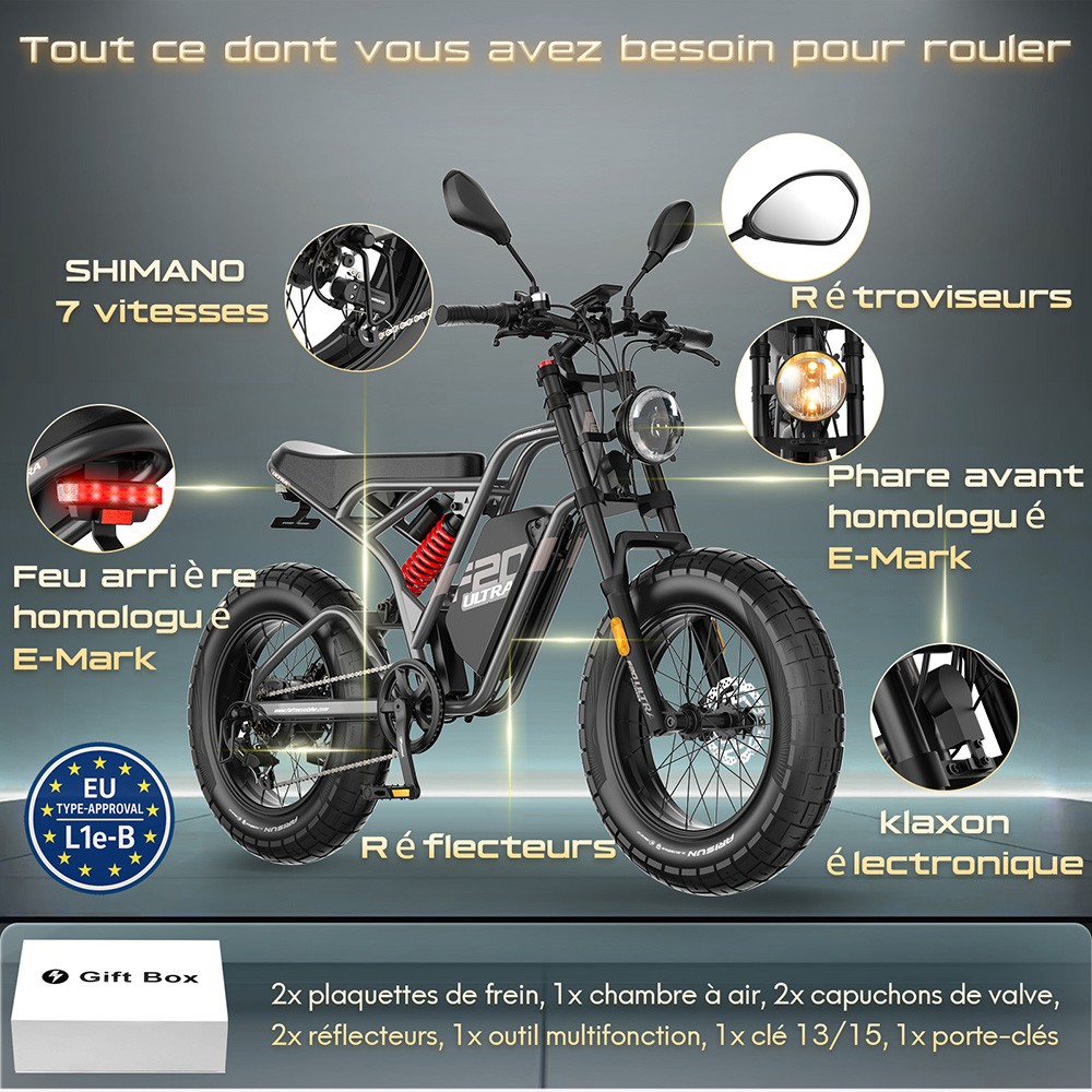 Fafrees F20 Ultra Vélo électrique version certifiée EU L1e-B, moteur 750W, batterie 48V 25Ah, pneus 20*5 pouces, vitesse maximale 45km/h, autonomie maximale 140km, freins à disque hydrauliques, suspension hydraulique, Shimano 7 vitesses - Noir