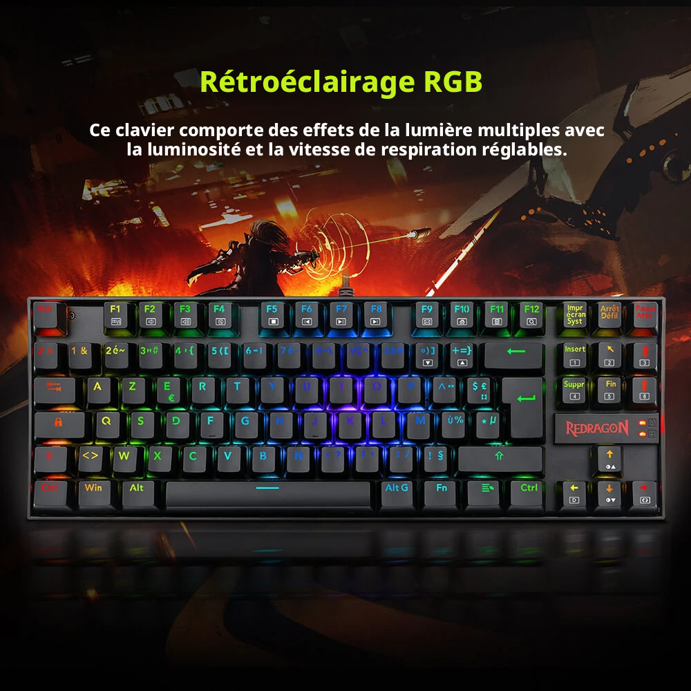 Redragon K552P-KR-FR Clavier mécanique TKL avec rétroéclairage RGB, compact, 88 touches, disposition AZERTY FR, interrupteur rouge - Noir