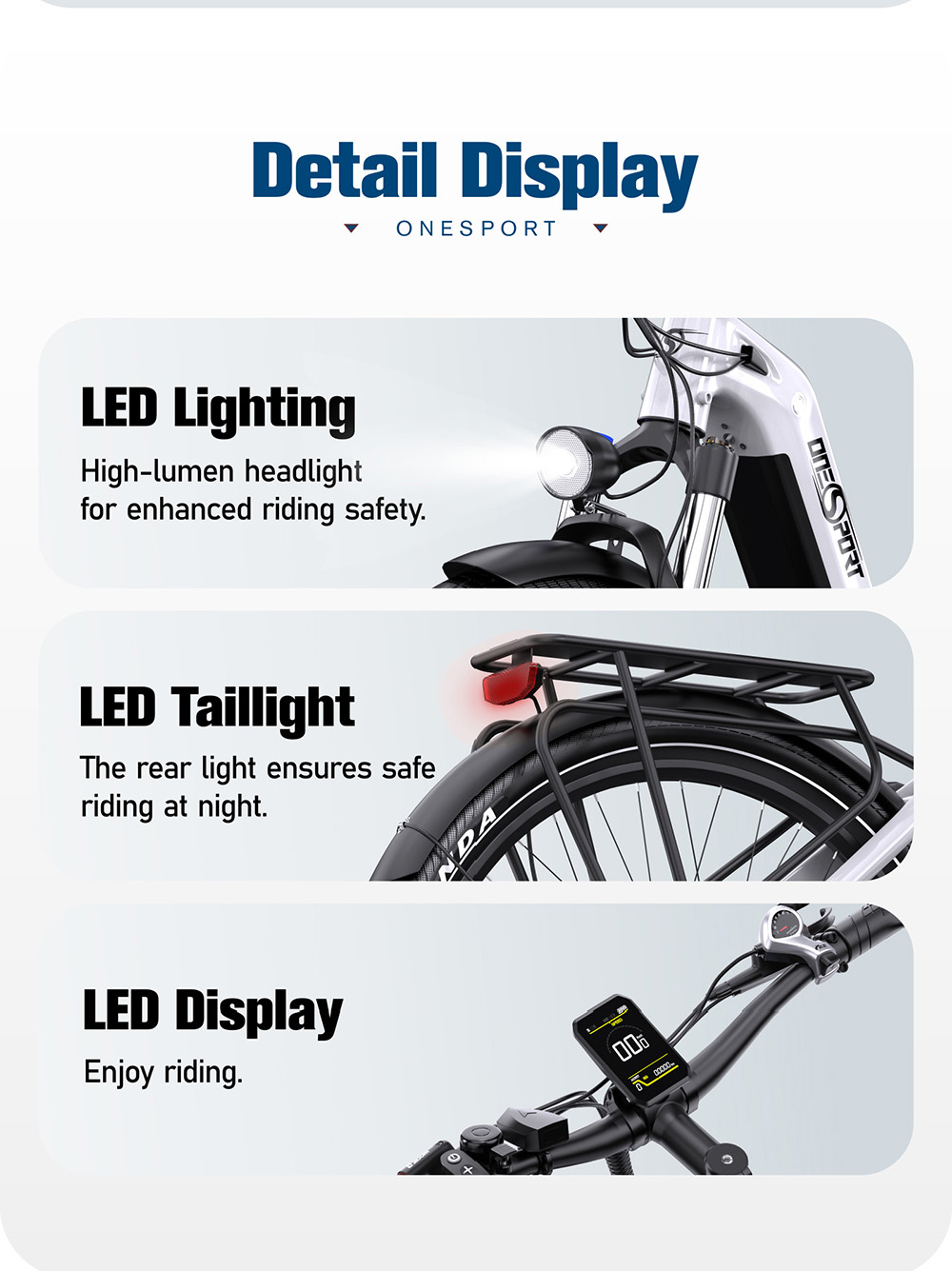 ONESPORT OT05 City Elektrofahrrad, 250 W Motor, 36 V 18,2 Ah Akku, 27,5 x 2,25 Zoll Reifen, 25 km/h Höchstgeschwindigkeit, 120 km maximale Reichweite, Shimano 7 Gänge, hydraulische Scheibenbremse - Weiß