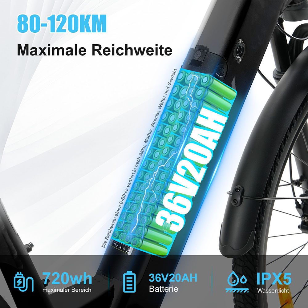 TTGO C3 Pro Elektrofahrrad, 250W Motor, 36V 20Ah Batterie, 28 Zoll Reifen, 25 km/h Höchstgeschwindigkeit, 120 km maximale Reichweite, hydraulische Scheibenbremse, Federgabel, Drehmomentsensor, Shimano 7-Gang, LCD-Display - Schwarz
