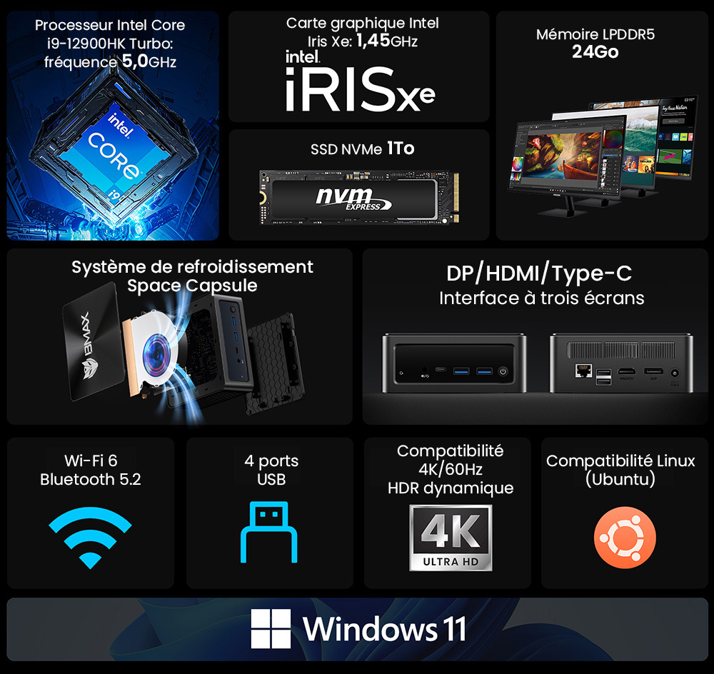 BMAX B9 Power Mini PC, Intel Core i9-12900H 14 c&oelig;urs Max 5,0 GHz, 32 Go de RAM 1 To SSD, DP+HDMI+Type-C Triple &eacute;cran 4K, prise en charge HDR dynamique, WiFi 6 Bluetooth 5.2, 2*USB 3.2 2*USB 2.0 1*RJ45 1*prise casque 3,5 mm