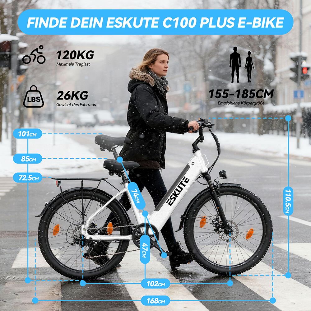ESKUTE C100 Plus Elektrofahrrad, 250W Motor, 36V 13Ah Batterie, 26 Zoll Reifen, 25 km/h Höchstgeschwindigkeit, 100 km Reichweite, Shimano 7-Gang, LCD-Display - Weiß