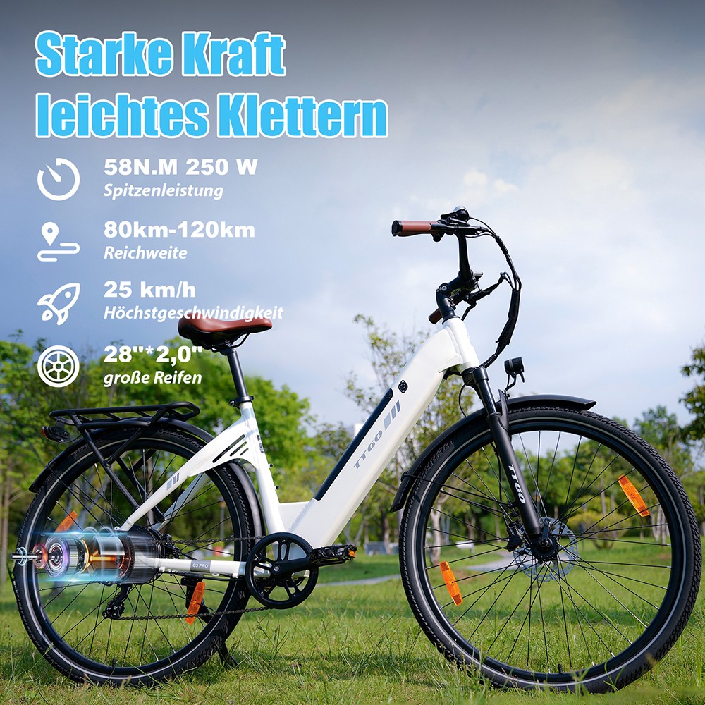TTGO C3 Pro Elektrofahrrad, 250W Motor, 36V 20Ah Batterie, 28 Zoll Reifen, 25 km/h Höchstgeschwindigkeit, 120 km maximale Reichweite, hydraulische Scheibenbremse, Federgabel, Drehmomentsensor, Shimano 7-Gang, LCD-Display - Weiß