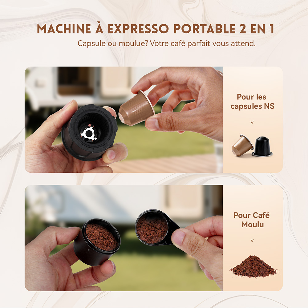 Hydrofast PO-100 Machine &agrave; expresso portable, pression de 20 bars, batterie de 9600mAh, capsules et caf&eacute; moulu 2 en 1, chauffage sans fil, format compact pour le voyage