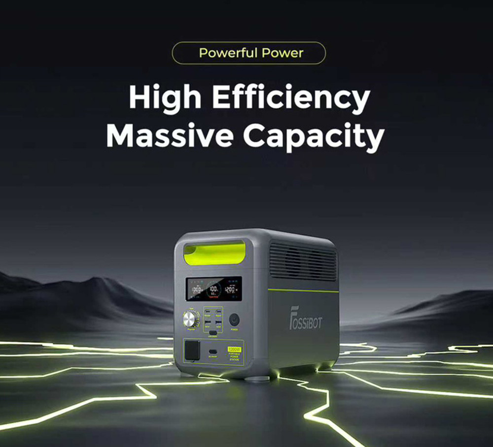 FOSSiBOT F1200 Portable Power Station + FOSSiBOT SP200 Foldable Solar Panel, 1024Wh Capacity, 1200W Rated Power, 3 LED Light Modes, 7 Output Ports, BMS Protection, <10ms Switchover, 5 Gears Input Regulator, EV-Grade LiFePO4 Battery, 4000+ Cycle Times