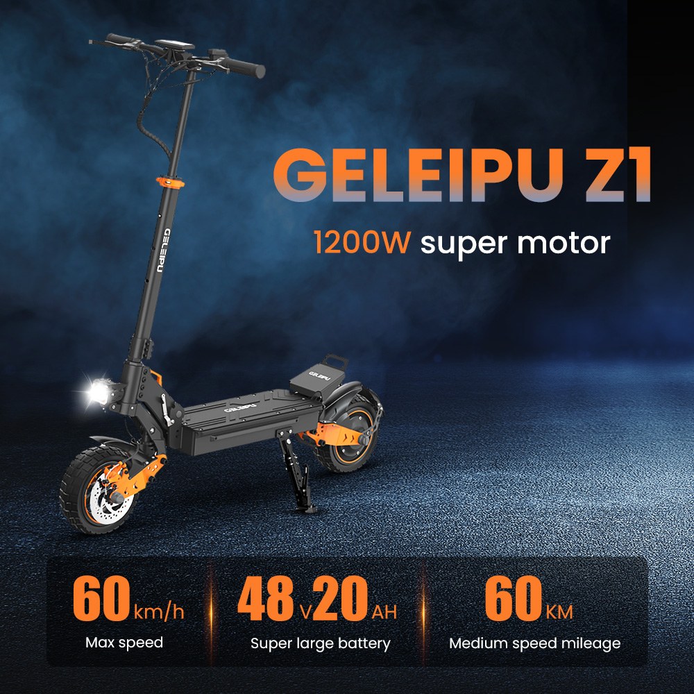 GELEIPU Z1 Elektroroller, 1200W Motor, 48V 20Ah Batterie, 10 Zoll Reifen, 60 km/h Höchstgeschwindigkeit, 60 km Reichweite, Vorder- und Hinterrad-Scheibenbremse, Vierarm-Stoßdämpfer
