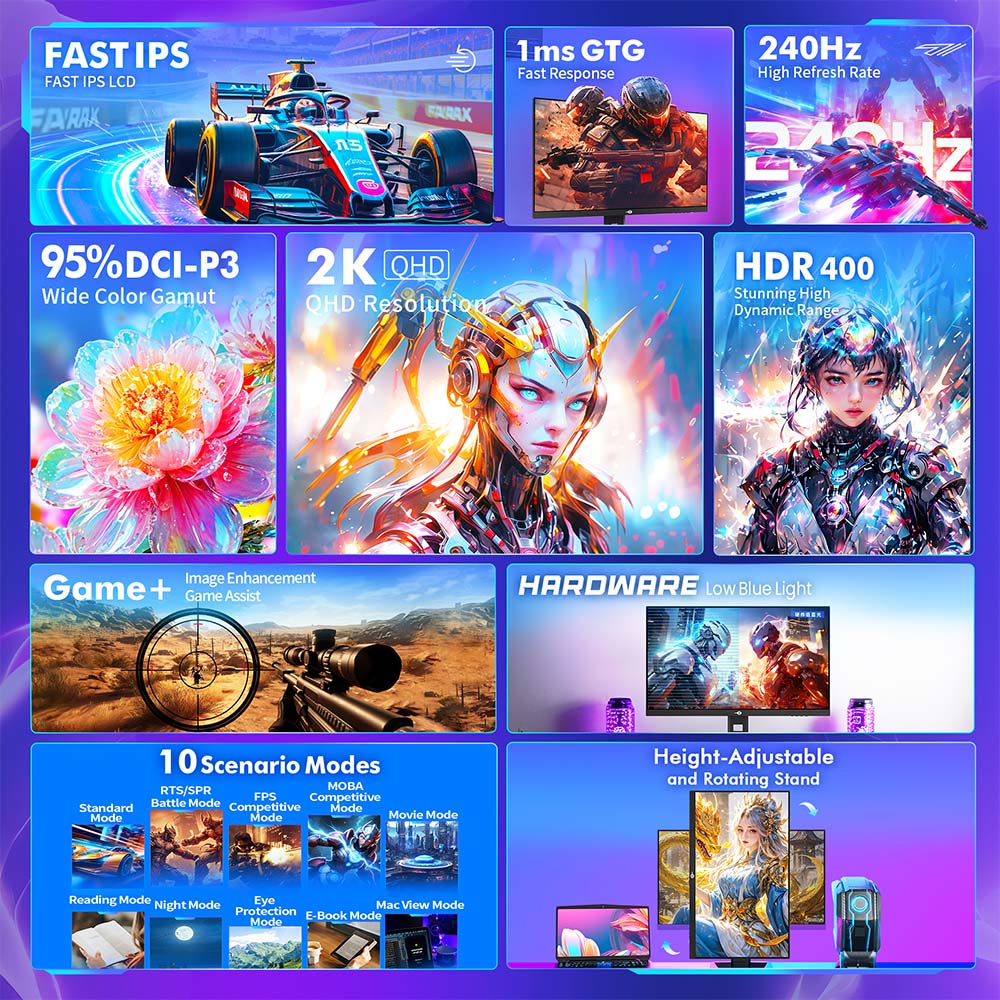 TITAN ARMY P2710S Gaming Monitor, 27'' 2560*1440 Fast IPS Screen,  240Hz Refresh Rate, 1ms GTG, HDR400, Adaptive-Sync, Dynamic OD, Game Assist, 10 Scenario Modes, PBP&PIP Display, Low Blue Light, Adjustable Rotating Stand, Wall Mount Support