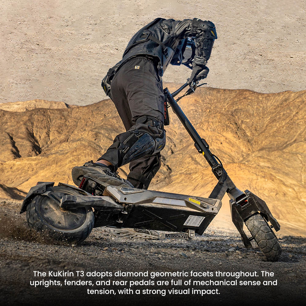 KuKirin T3 elektromos robogó, 800 W-os motor, 48 V 15,6 Ah akkumulátor, 10 hüvelykes gumik, 45 km/h maximális sebesség, 58 km hatótáv, első és hátsó tárcsafék, négykaros lengéscsillapító