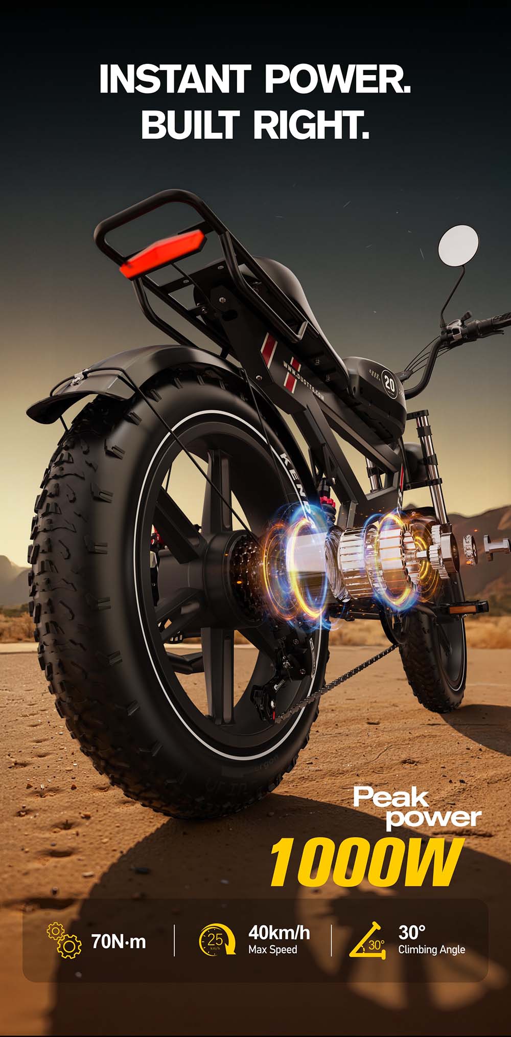 DUOTTS F20 Electric Bike 750W Motor 52V 27Ah Battery 20*4.0 Inch Fat Tire 50km/h Max Speed up to 120km Range with Full Suspension, Spring Shock Absorption, Hydraulic Disc Brakes - Black