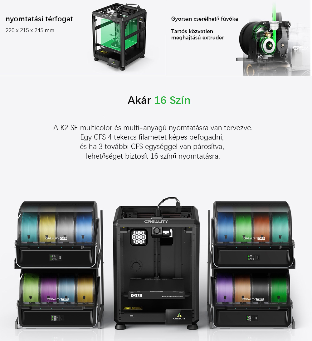 Creality K2 SE Combo 3D Nyomtat&oacute; H&aacute;zzal, 500 mm/s sebess&eacute;g, 0,1 mm pontoss&aacute;g, 220&times;215&times;245 mm &eacute;p&iacute;tőt&eacute;r, automatikus szintez&eacute;s, 300 &deg;C f&uacute;v&oacute;ka t&ouml;bbanyag&uacute; nyomtat&aacute;shoz