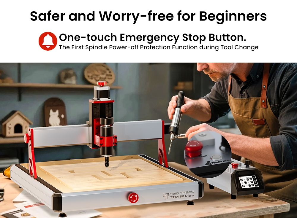 TWO TREES TTC450 Ultra CNC Router Machine, 500W Spindle, Dual CNC & Laser Modes, 0.05mm High Precision, 3.5" IPS Touch Screen, 460x460x100mm Working Area, Compatible with Metal/Acrylic/Wood