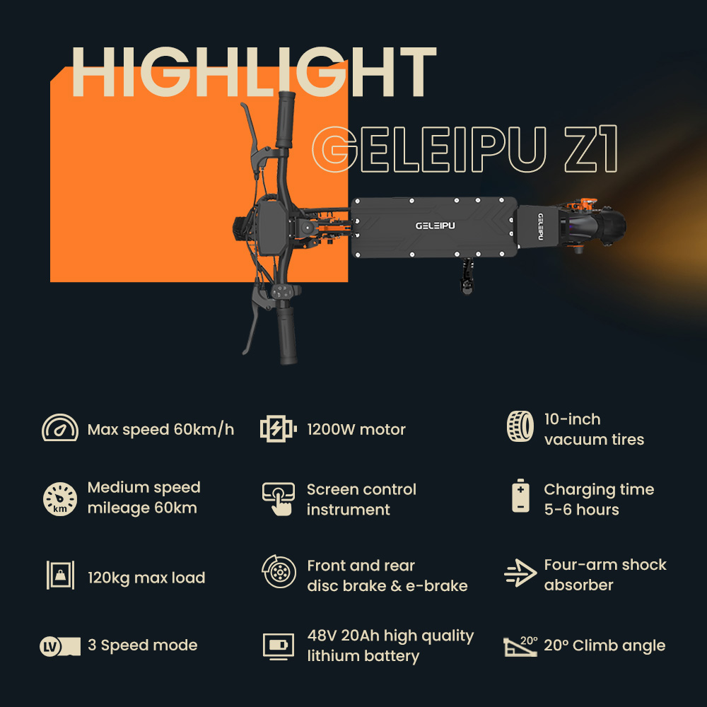 GELEIPU Z1 Elektroroller, 1200W Motor, 48V 20Ah Batterie, 10 Zoll Reifen, 60 km/h Höchstgeschwindigkeit, 60 km Reichweite, Vorder- und Hinterrad-Scheibenbremse, Vierarm-Stoßdämpfer