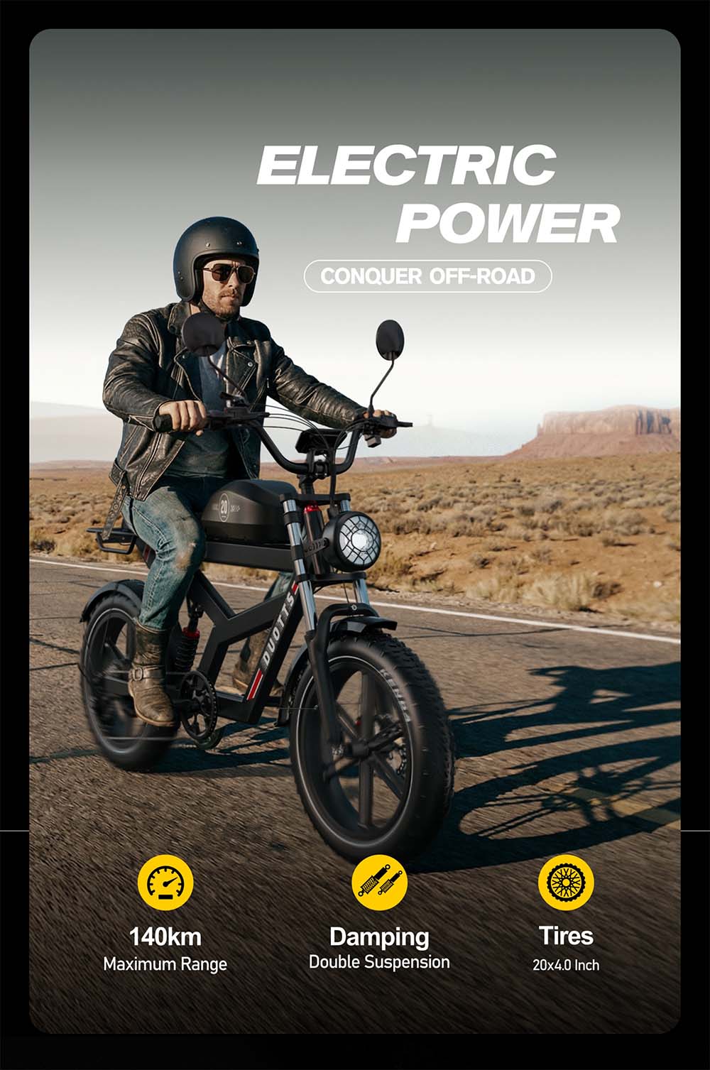 DUOTTS F20 Electric Bike 750W Motor 52V 27Ah Battery 20*4.0 Inch Fat Tire 50km/h Max Speed up to 120km Range with Full Suspension, Spring Shock Absorption, Hydraulic Disc Brakes - Black