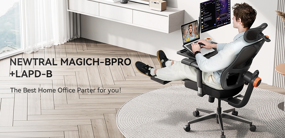 NEWTRAL MagicH-BPro Chaise ergonomique avec bureau amovible, appui-tête à suivi automatique, support lombaire adaptatif, accoudoir réglable, 3 positions de verrouillage - Noir