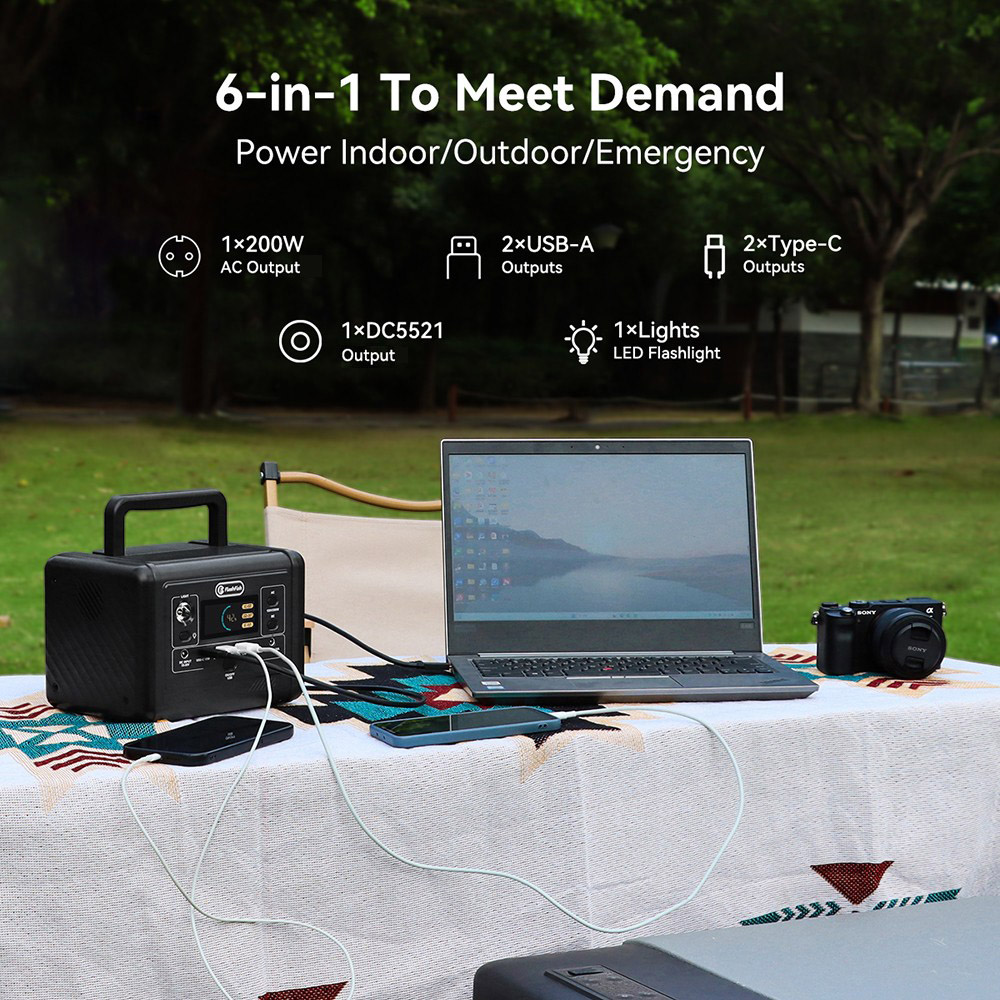 Flashfish T200 200W Portable Power Station, 153.6Wh LiFePO4 Battery, 400W Surge, Pure Sine Wave AC, 60W PD USB-C Fast Recharge, 6 Outputs, Solar Generator for Home/Camping/Emergencies
