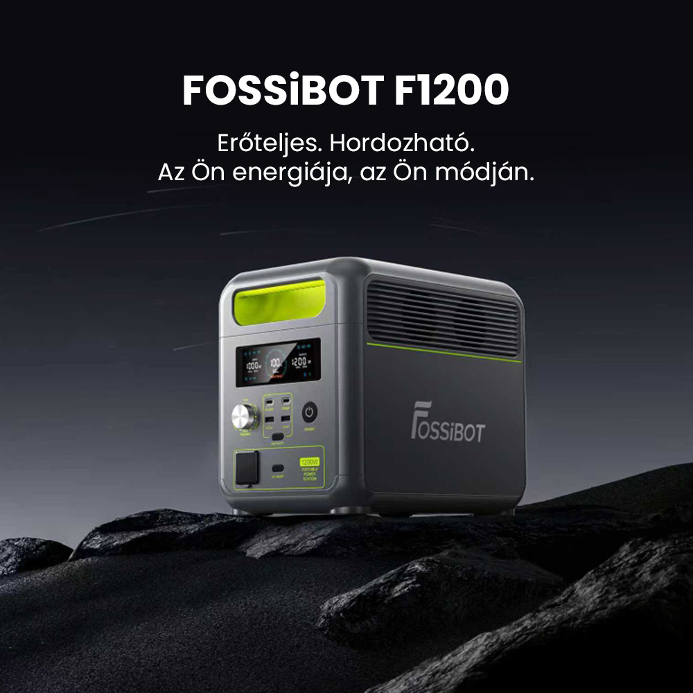 FOSSiBOT F1200 Hordozhat&oacute; Erőmű, 1024 Wh Kapacit&aacute;s, 1200 W N&eacute;vleges Teljes&iacute;tm&eacute;ny, 3 LED Vil&aacute;g&iacute;t&aacute;si M&oacute;d, 7 Kimeneti Port, BMS V&eacute;delem, <10 ms &Aacute;tkapcsol&aacute;s, 5 Fokozat&uacute; Bemeneti Szab&aacute;lyoz&oacute;, EV Minős&eacute;gű LiFePO4 Akkumul&aacute;tor, 4000+ Ciklusidő
