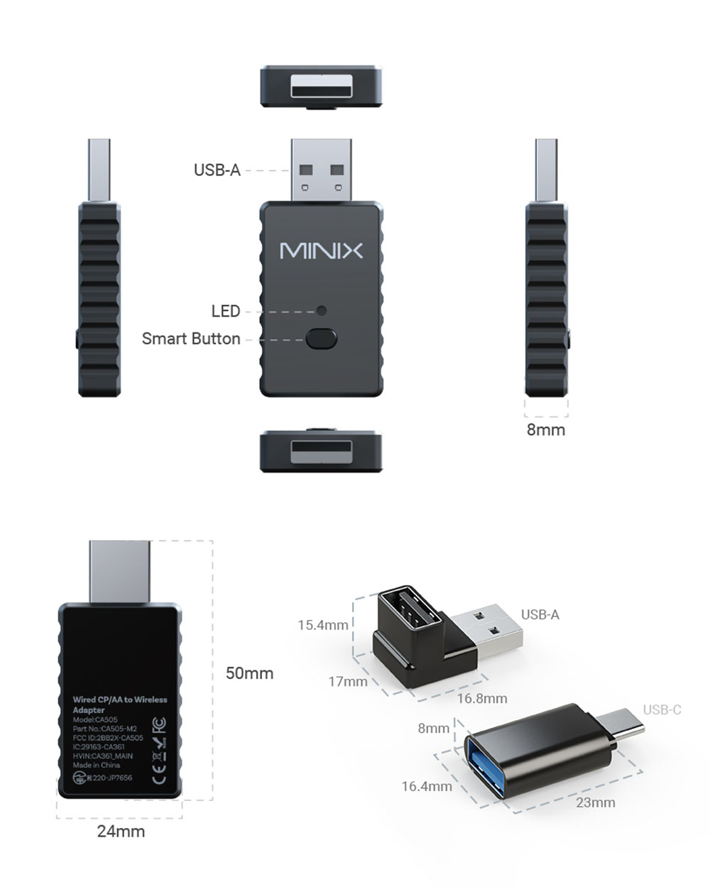 MINIX CA505 2 az 1-ben vezet&eacute;kes CP/AA - vezet&eacute;k n&eacute;lk&uuml;li adapter
