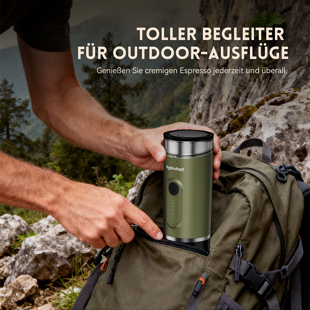 Hydrofast PO-100 Tragbarer Espressobereiter, 9600mAh Batteriebetrieben, 20-Bar Druck, 2-in-1 Kaffeemaschine f&uuml;r Kapseln/Gemahlenen Kaffee, Kabelloses Heizen, Kompaktes Reisedesign