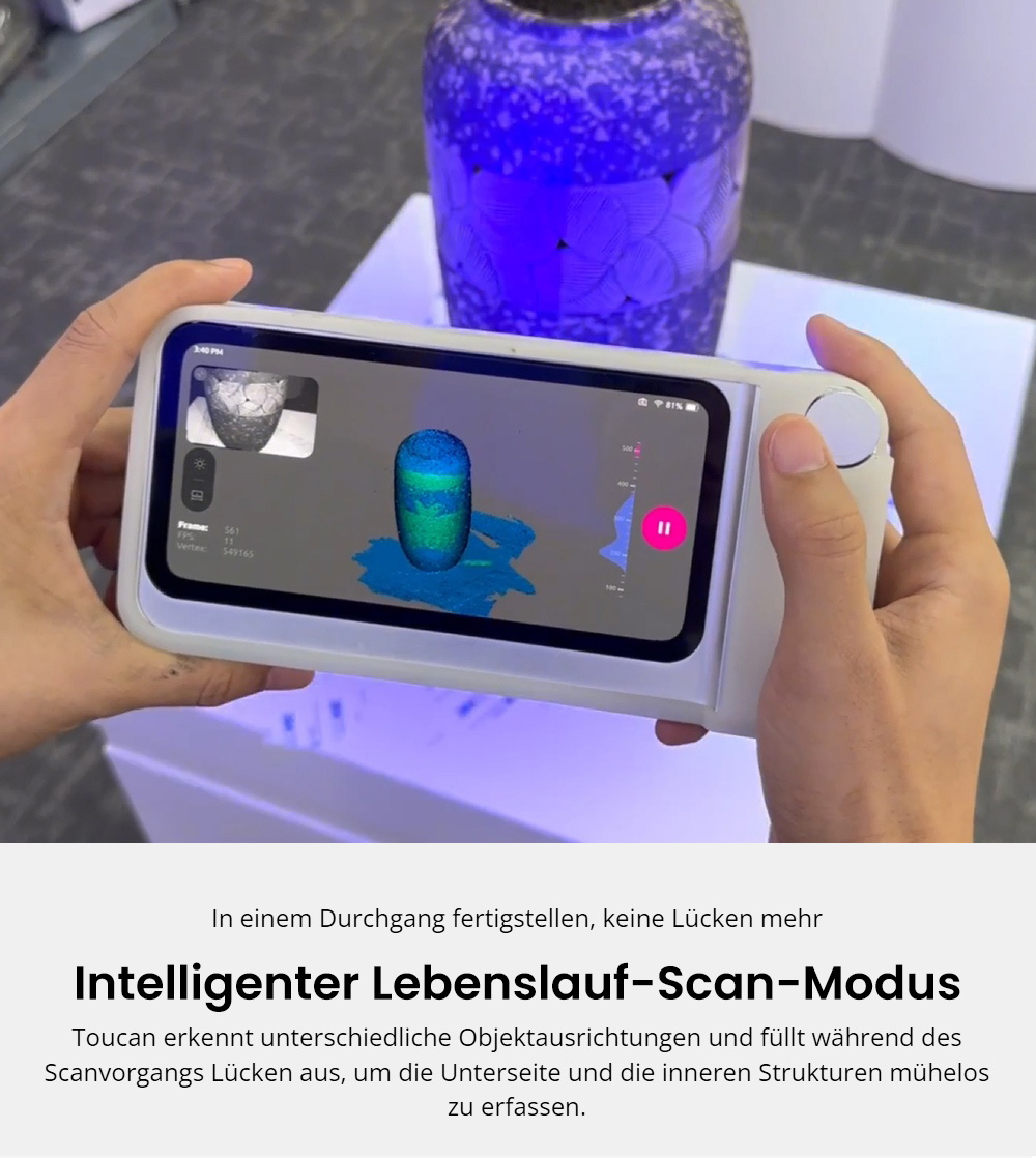 3DMakerpro Toucan Premium 3D-Scanner, 0,03mm Genauigkeit, Unabhängiges All-in-One, Dual FOV 135×185mm - 1000×750mm, 48MP Farbe, 6600mAh Akku, Wi-Fi 6