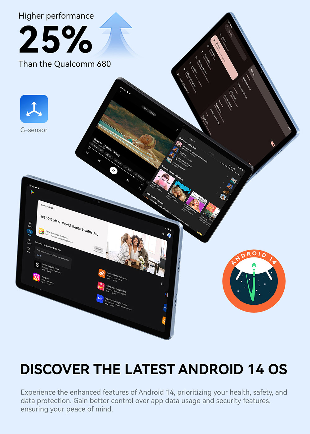 ALLDOCUBE iPlay 60 Pro Tablette, &eacute;cran IPS 10,95 pouces 1920*1200 90Hz, Android 14, MediaTek G99, 6GB RAM 128GB ROM, Bluetooth 5.2, Widevine L1, double 4G LTE, GPS/Galileo/GLONASS/Beidou, batterie 7000mAh, charge rapide 18W, d&eacute;verrouillage facial