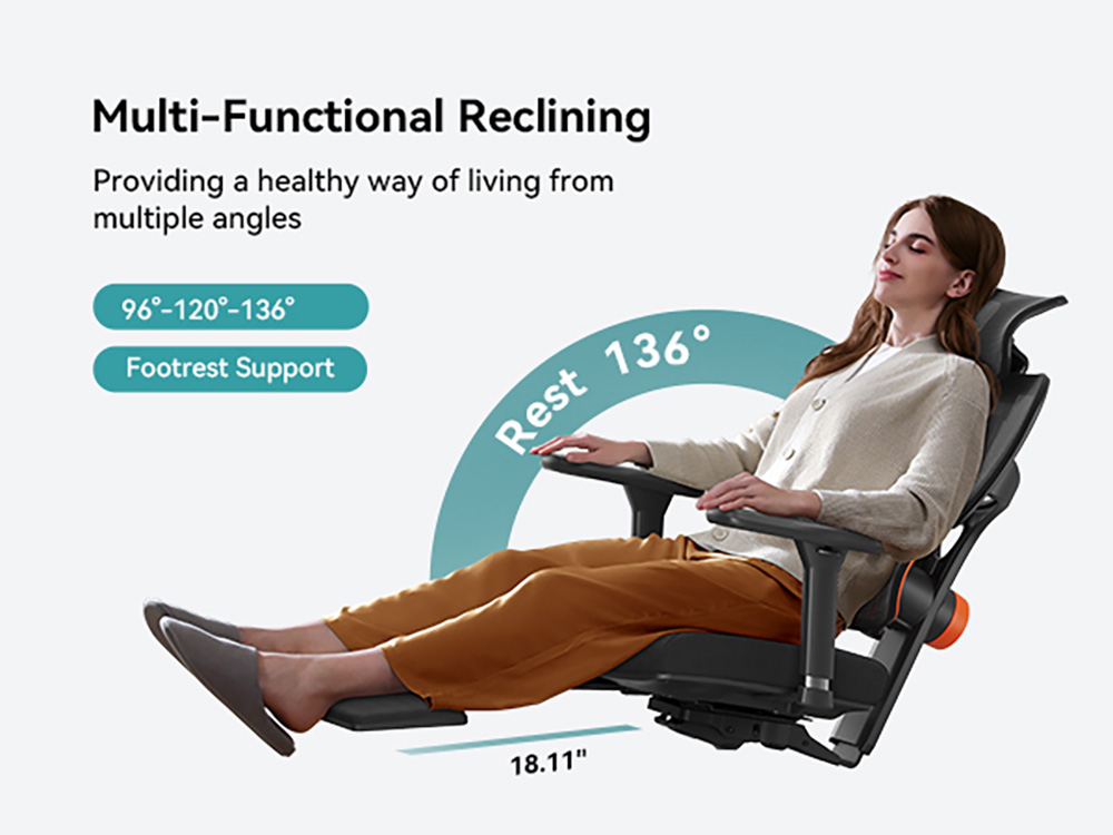 NEWTRAL NT002 Chaise ergonomique, avec support adaptatif du bas du dos et repose-pieds, dossier r&eacute;glable sur 3 angles, accoudoir, appui-t&ecirc;te, 3 positions verrouillables, base en alliage d'aluminium - Version Pro