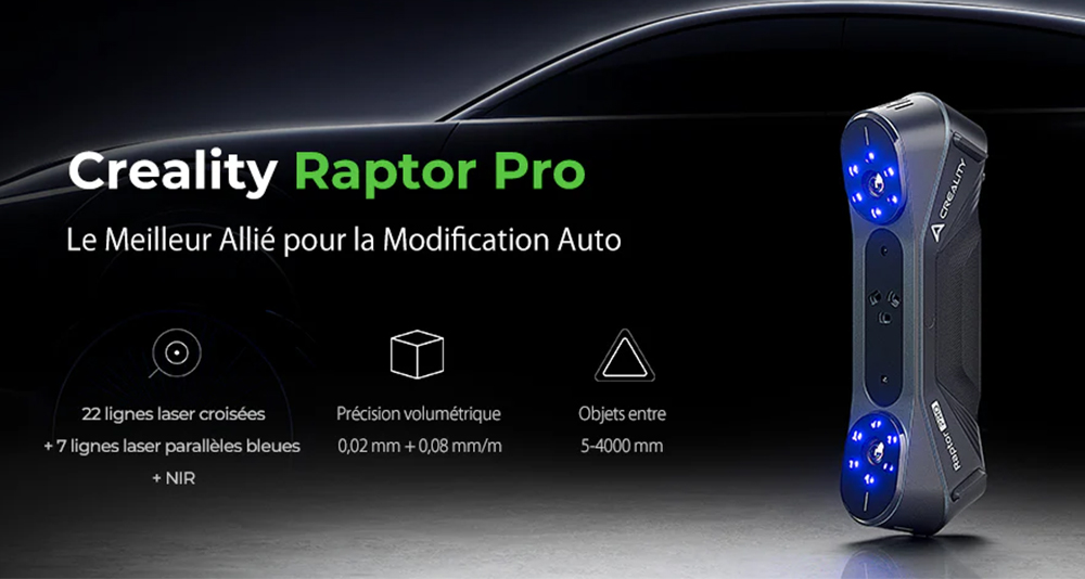 Creality Raptor Pro Scanner 3D, laser bleu NIR 22+7, vitesse de numérisation de 60 ips, objets entre 5 et 4 000 mm, numérisation couleur 24 bits, précision de 0,02 mm, anti-tremblement