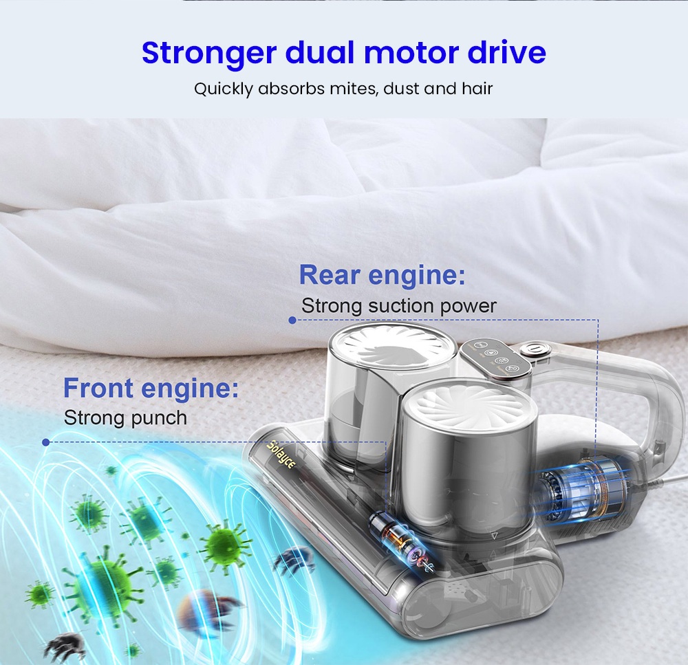 Solayce BV200 Double Cup Smart Mite Cleaner, 500W Power, 16000Pa Suction, 0.6L Capacity, 60℃ Hot Air, UV Light & HEPA Filtration