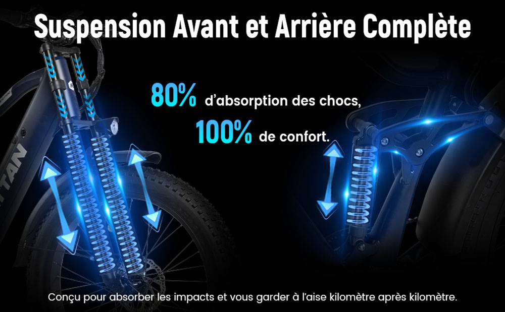 RATTAN PATHEINDER PRO Vélo électrique, moteur 750W, batterie 48V 18Ah, pneus 26*4 pouces, vitesse de maximale 25 km/h, autonomie de 120 km, freins à disque hydrauliques, suspensions avant et arrière complètes, 7 vitesses - Bleu
