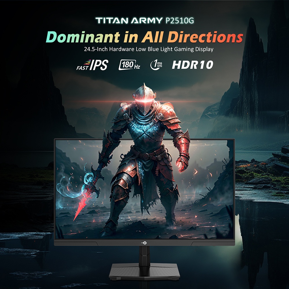 TITAN ARMY P2510G Moniteur de jeu, &eacute;cran IPS rapide 24,5'' 19201080, taux de rafra&icirc;chissement de 180 Hz, HDR10, 99 % sRGB, 1 ms GTG, synchronisation adaptative, OD dynamique, assistance au jeu, 8 modes de sc&egrave;ne, faible lumi&egrave;re bleue mat&eacute;rielle, inclinaison r&eacute;glable, support VESA, 1HDMI2.0 1DP1.4 1 Audio