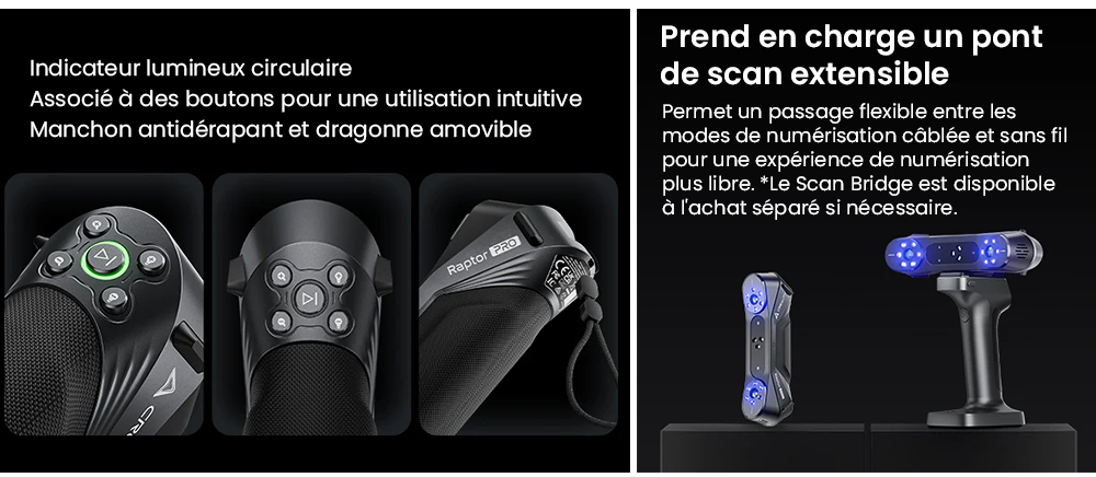 Creality Raptor Pro Scanner 3D, laser bleu NIR 22+7, vitesse de numérisation de 60 ips, objets entre 5 et 4 000 mm, numérisation couleur 24 bits, précision de 0,02 mm, anti-tremblement