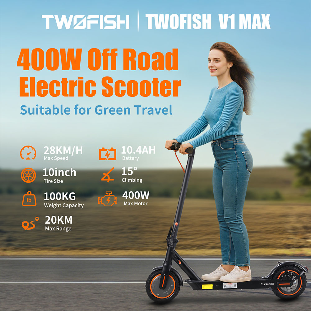 TWOFISH V1 MAX Elektroroller, 400W Motor, 36V 10,4Ah Akku, 10 Zoll Reifen, 28 km/h H&ouml;chstgeschwindigkeit, 20 km Reichweite, Scheibenbremse hinten, LCD-Display