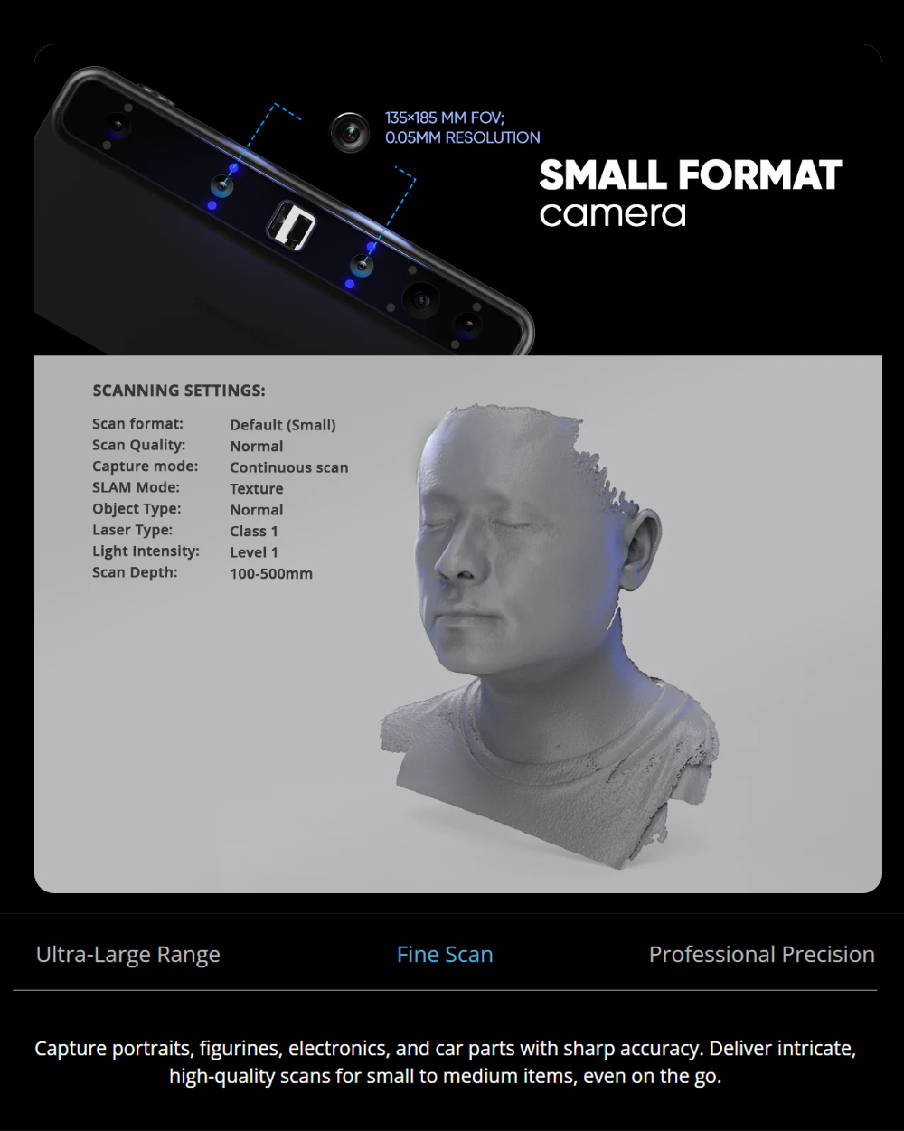 3DMakerpro Toucan Standard 3D Szkenner, 0,03mm Pontoss&aacute;g, &ouml;n&aacute;ll&oacute; T&ouml;bbfunkci&oacute;s, Kettős FOV 135&times;185mm - 1000&times;750mm, 48MP Sz&iacute;nes, 6600mAh Akkumul&aacute;tor, Wi-Fi 6