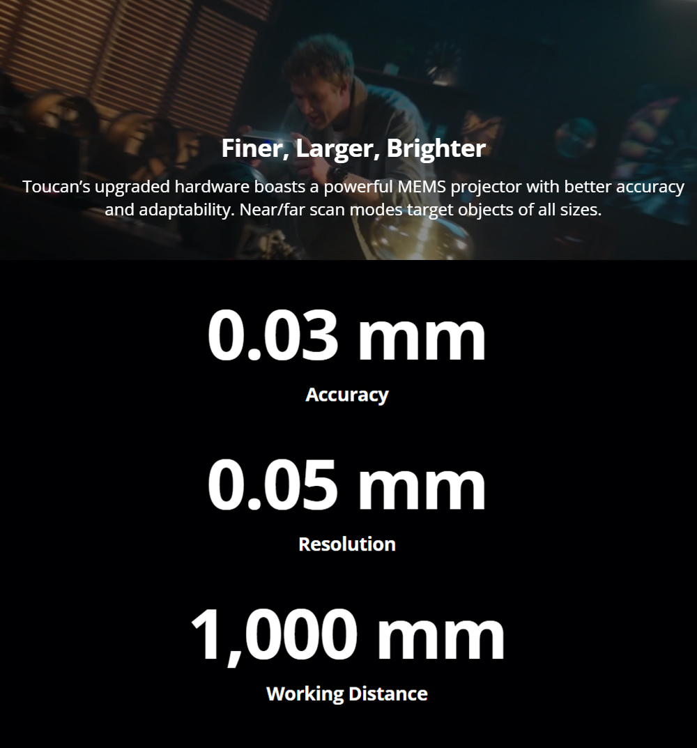 3DMakerpro Toucan Standard 3D Scanner, 0.03mm Accuracy, Standalone All-in-One, Dual FOV 135&times;185&ndash;1000&times;750mm, 48MP Color, 6600mAh Battery, Wi-Fi 6