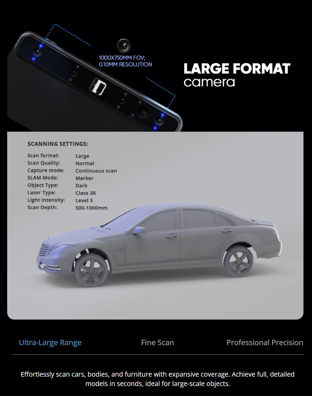 3DMakerpro Toucan Standard 3D Scanner, 0.03mm Accuracy, Standalone All-in-One, Dual FOV 135&times;185&ndash;1000&times;750mm, 48MP Color, 6600mAh Battery, Wi-Fi 6