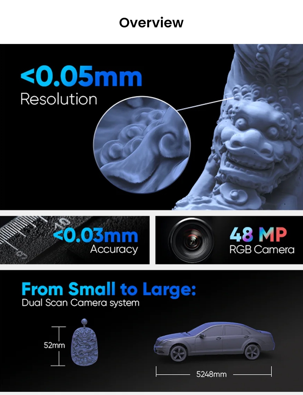 3DMakerpro Toucan Standard 3D Scanner, 0.03mm Accuracy, Standalone All-in-One, Dual FOV 135&times;185&ndash;1000&times;750mm, 48MP Color, 6600mAh Battery, Wi-Fi 6