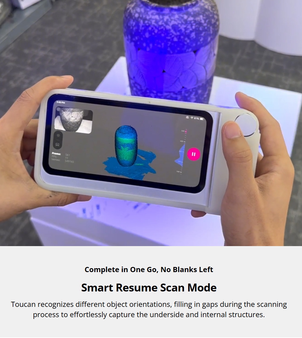 3DMakerpro Toucan Standard 3D Scanner, 0.03mm Accuracy, Standalone All-in-One, Dual FOV 135&times;185&ndash;1000&times;750mm, 48MP Color, 6600mAh Battery, Wi-Fi 6