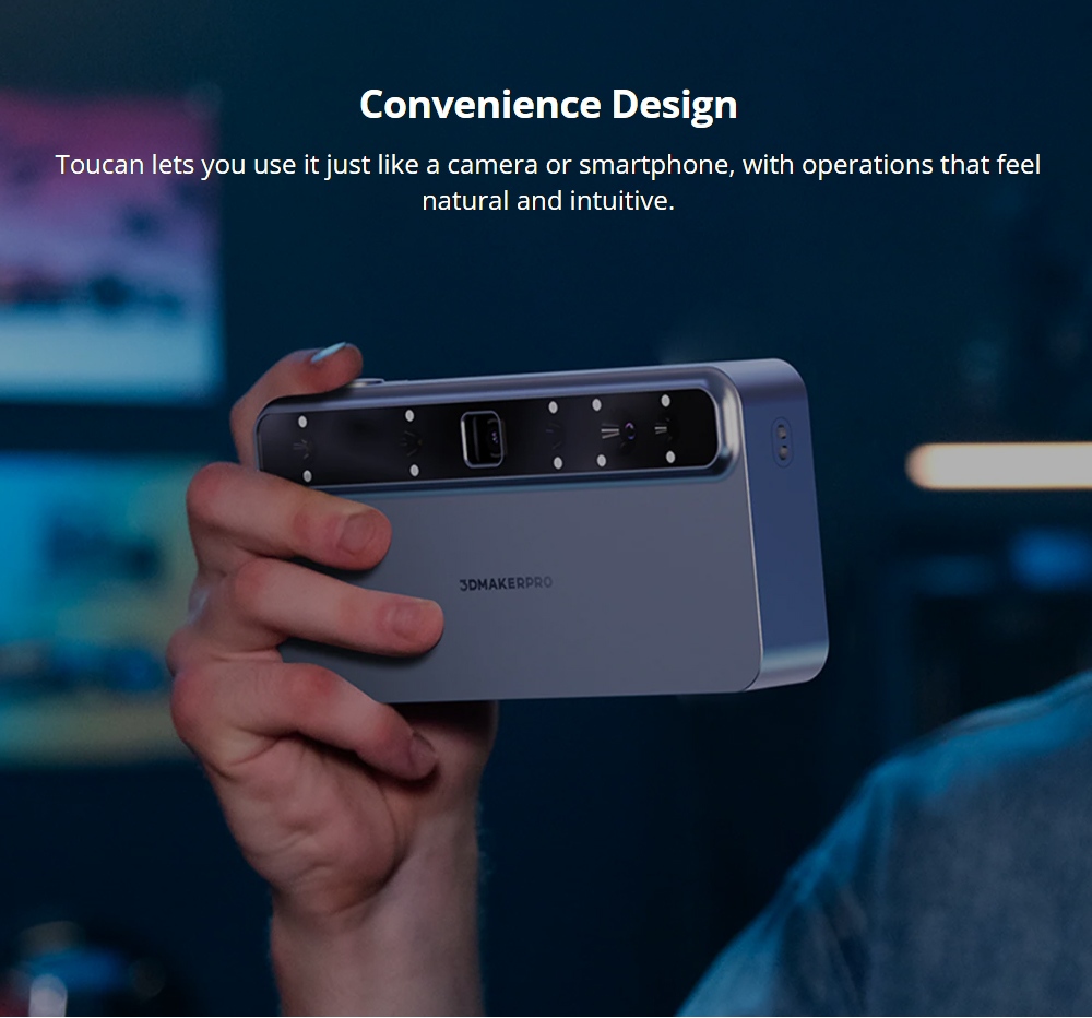 3DMakerpro Toucan Standard 3D Scanner, 0.03mm Accuracy, Standalone All-in-One, Dual FOV 135&times;185&ndash;1000&times;750mm, 48MP Color, 6600mAh Battery, Wi-Fi 6