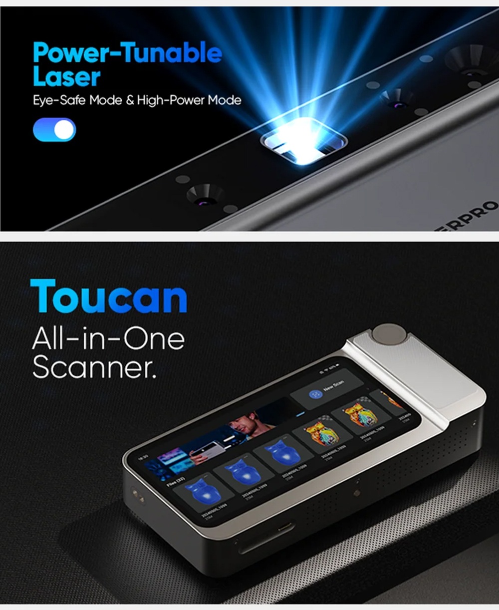 3DMakerpro Toucan Standard 3D Scanner, 0.03mm Accuracy, Standalone All-in-One, Dual FOV 135&times;185&ndash;1000&times;750mm, 48MP Color, 6600mAh Battery, Wi-Fi 6