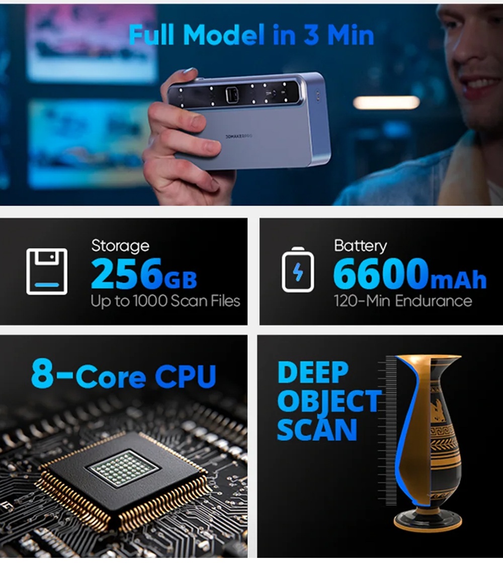 3DMakerpro Toucan Standard 3D Scanner, 0.03mm Accuracy, Standalone All-in-One, Dual FOV 135&times;185&ndash;1000&times;750mm, 48MP Color, 6600mAh Battery, Wi-Fi 6
