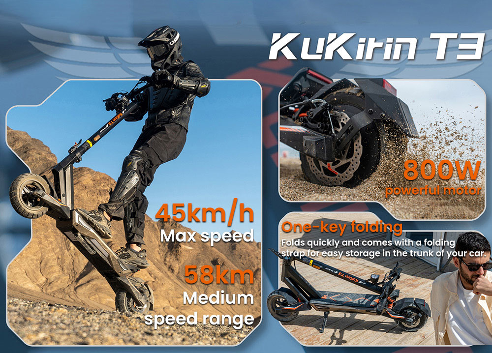 KuKirin T3 elektromos robogó, 800 W-os motor, 48 V 15,6 Ah akkumulátor, 10 hüvelykes gumik, 45 km/h maximális sebesség, 58 km hatótáv, első és hátsó tárcsafék, négykaros lengéscsillapító
