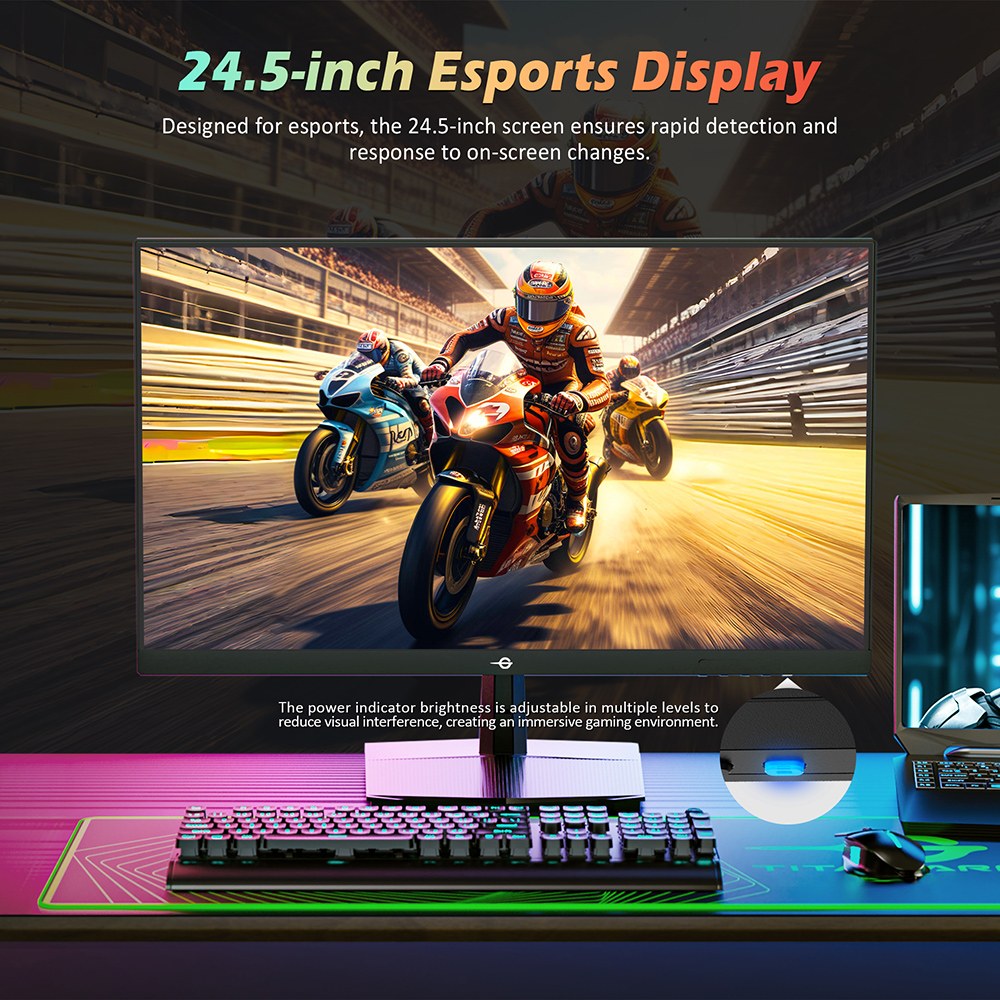TITAN ARMY P2510G Moniteur de jeu, &eacute;cran IPS rapide 24,5'' 19201080, taux de rafra&icirc;chissement de 180 Hz, HDR10, 99 % sRGB, 1 ms GTG, synchronisation adaptative, OD dynamique, assistance au jeu, 8 modes de sc&egrave;ne, faible lumi&egrave;re bleue mat&eacute;rielle, inclinaison r&eacute;glable, support VESA, 1HDMI2.0 1DP1.4 1 Audio