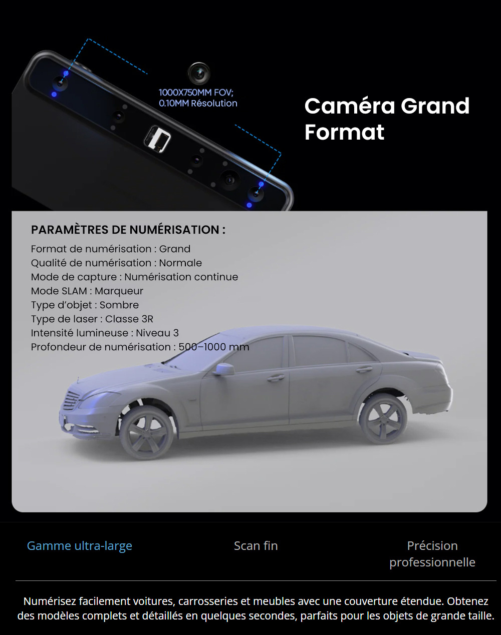3DMakerpro Toucan Premium Scanner 3D, Précision de 0,03mm, Tout-en-un Autonome, Double FOV 135×185mm - 1000×750mm, Couleur 48MP, Batterie 6600mAh, Wi-Fi 6