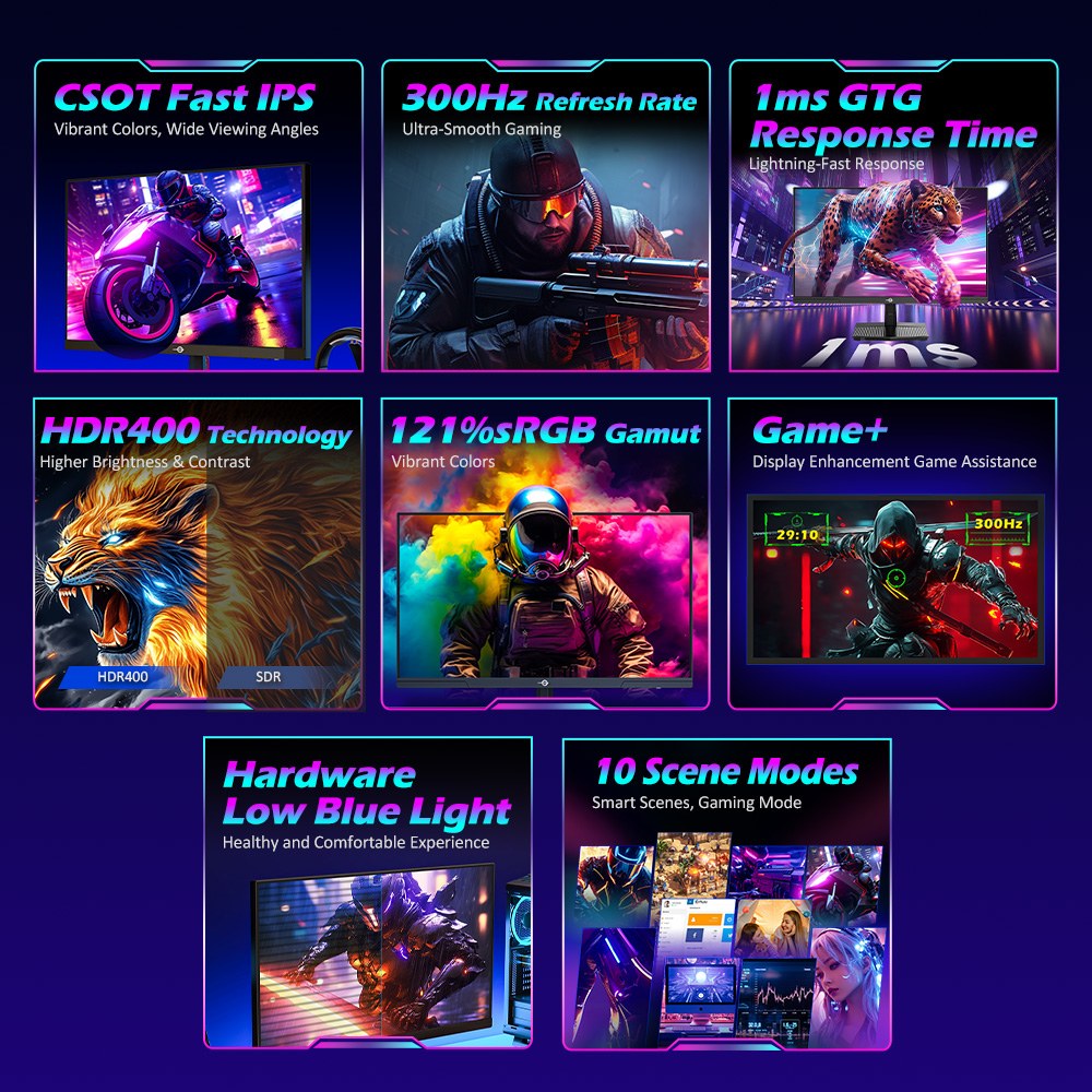 TITAN ARMY P2510HS Gaming Monitor, 24.5-inch 1920*1080 CSOT Fast IPS Screen, 300Hz 240Hz Refresh Rate, HDR400, 121% sRGB, 1ms GTG Response Time, Adaptive-Sync, Hardware Low Blue Light, Gaming Assist, PIP/PBP Display, VESA Mounting