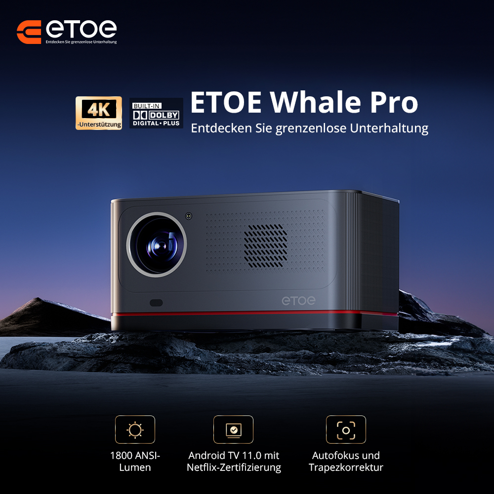 ETOE Whale Pro Android TV-Projektor, Native 1080P, 1500 ANSI, 4K-Dekodierung, Autofokus und automatische Trapezkorrektur, 2 x 10 W Stereo-Lautsprecher, Dualband-WLAN