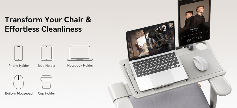 NEWTRAL MagicH-GPRO Chaise ergonomique avec bureau amovible, appui-t&ecirc;te &agrave; suivi automatique du dossier, support lombaire adaptatif, accoudoir r&eacute;glable, 4 positions verrouillables - Gris